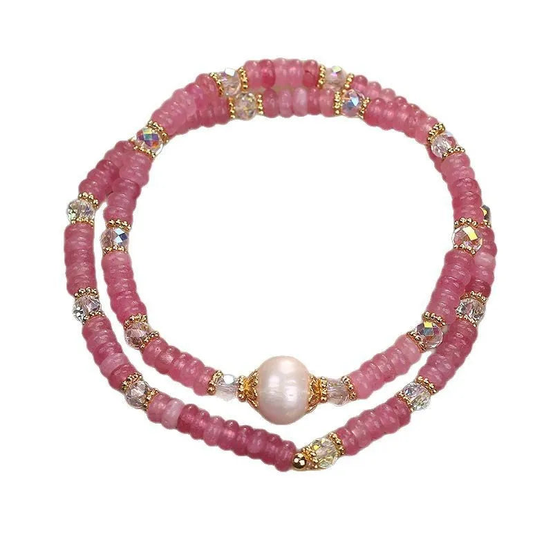 Rose red glass crystal freshwater pearl necklace bracelet set for women original design