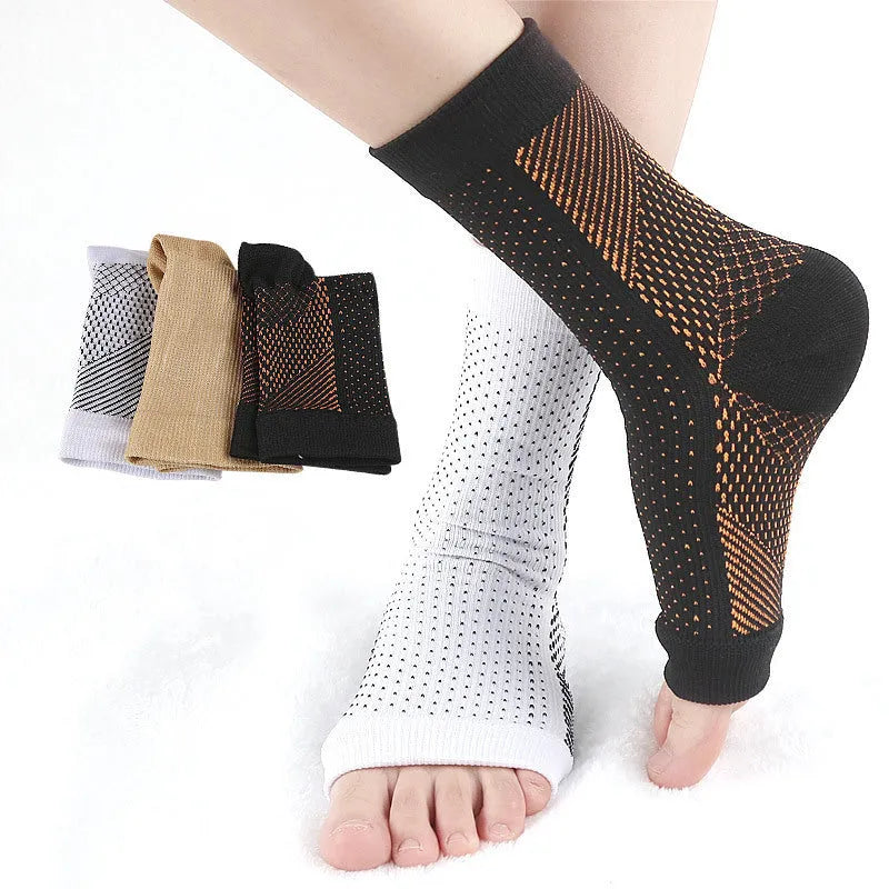 Korean-style short tube compression sports socks in black, white, copper, and skin colour.