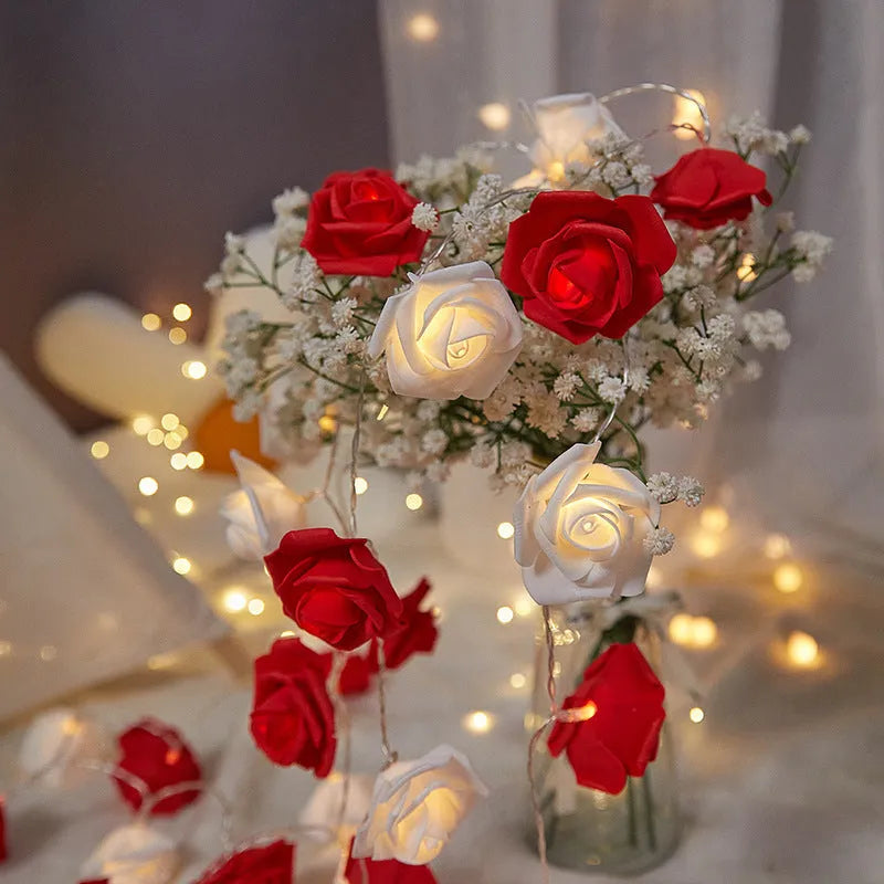 LED rose light string with 10 battery-powered lamps for indoor holiday decoration