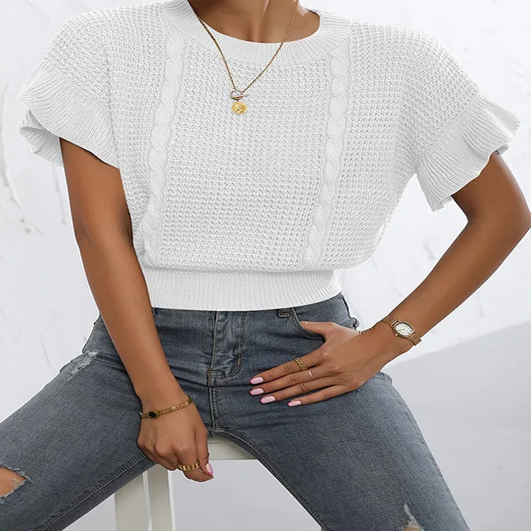 Women's loose knitted pullover sweater with ruffled short sleeves in dark brown.