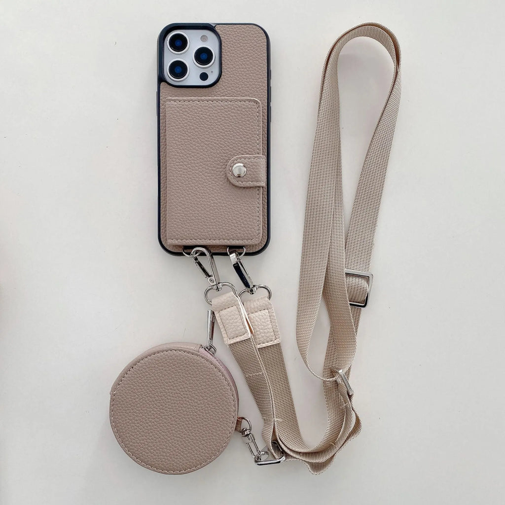 Black PC leather iPhone case with a detachable card holder and lanyard attached.