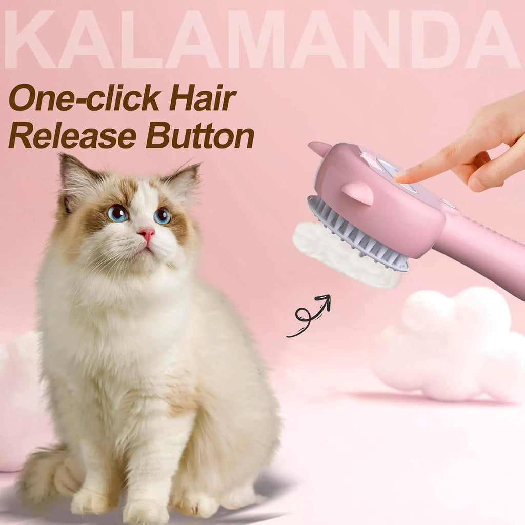 Blue pink yellow cat steam brush with ergonomic handle and rubber bristles for pet grooming