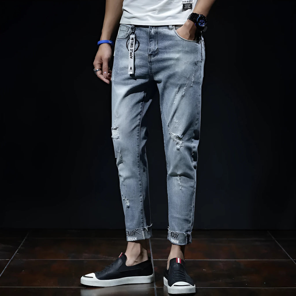 Light blue youth ripped stretch denim cropped skinny jeans mid-waist zip fly