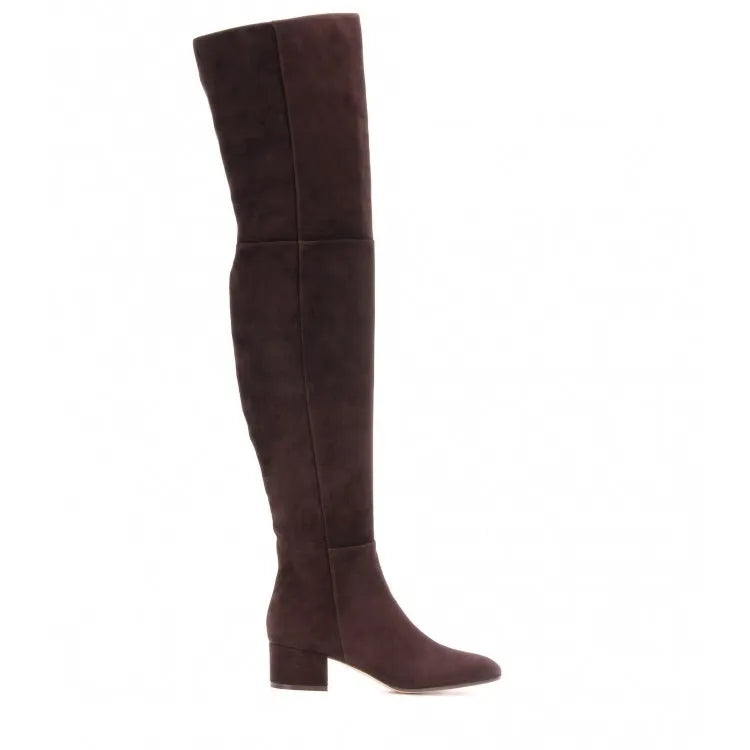 Grey women's suede over-the-knee boots with a flat thick heel and pointed toe.