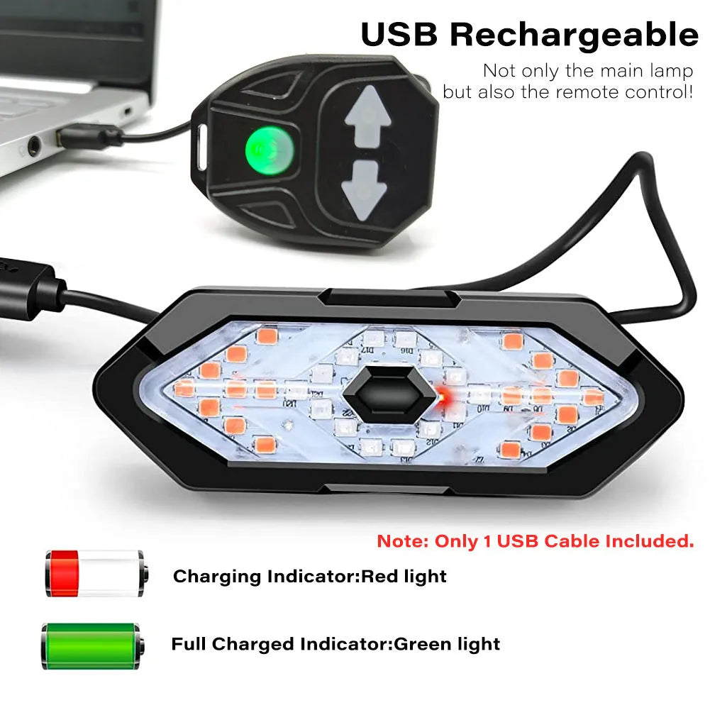 USB charging bicycle turn signal with horn, 9.4 x 3.2cm, black, with remote control and silicone straps