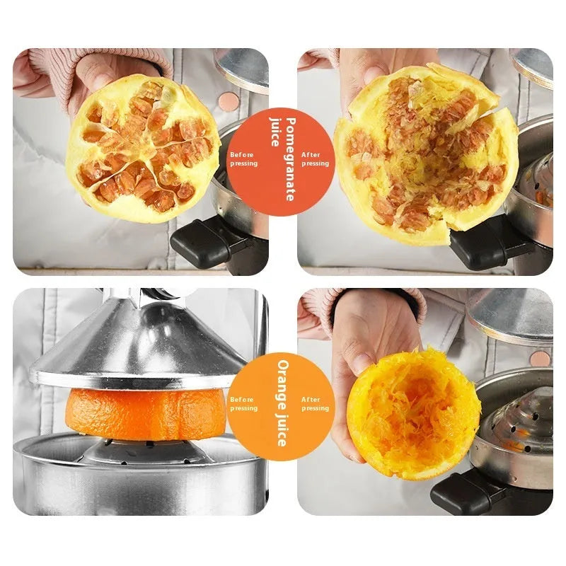 Black cast iron manual citrus juicer with stainless steel strainer on a kitchen counter.