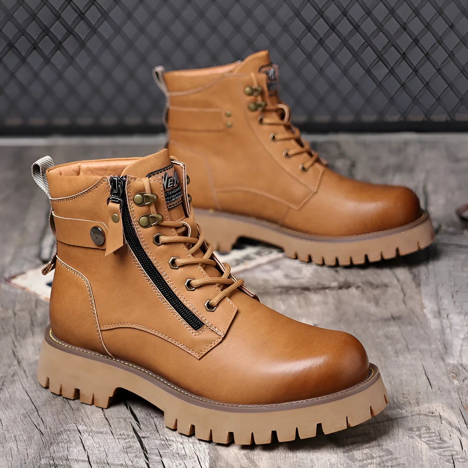 Men's brown leather high-top boots with side zipper and round toe design