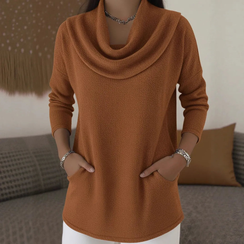 Women's polyester solid colour pocket pullover in blue, medium length long sleeve