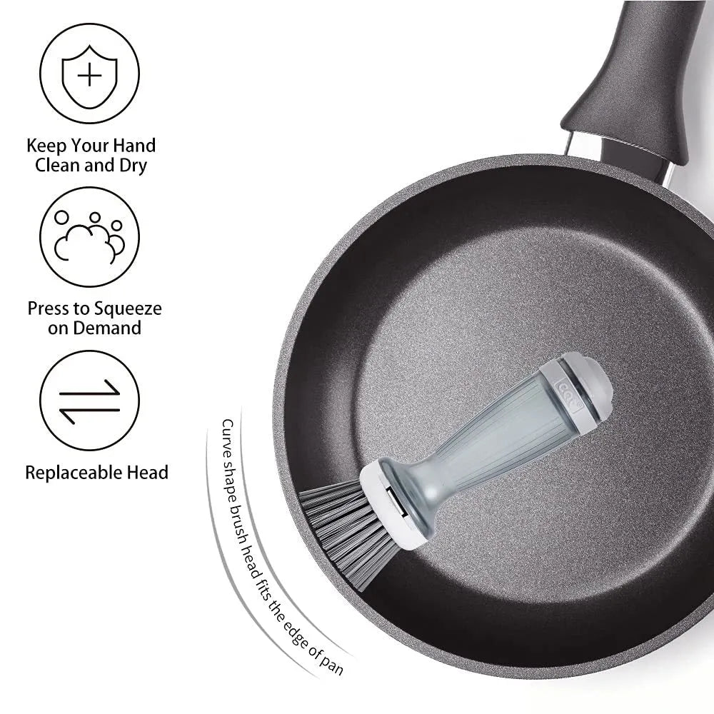 Pot and dish brush with soap dispenser, ergonomic handle, and replaceable brush head in mint green colour