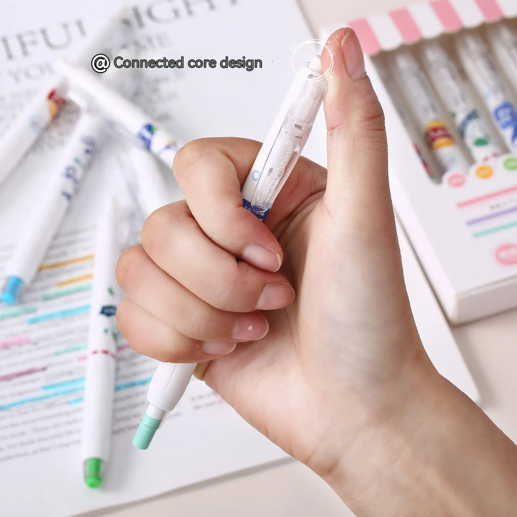 Boxed set of 6 fluorescent highlighter pens with oblique heads and plastic shells for key marking and journal use