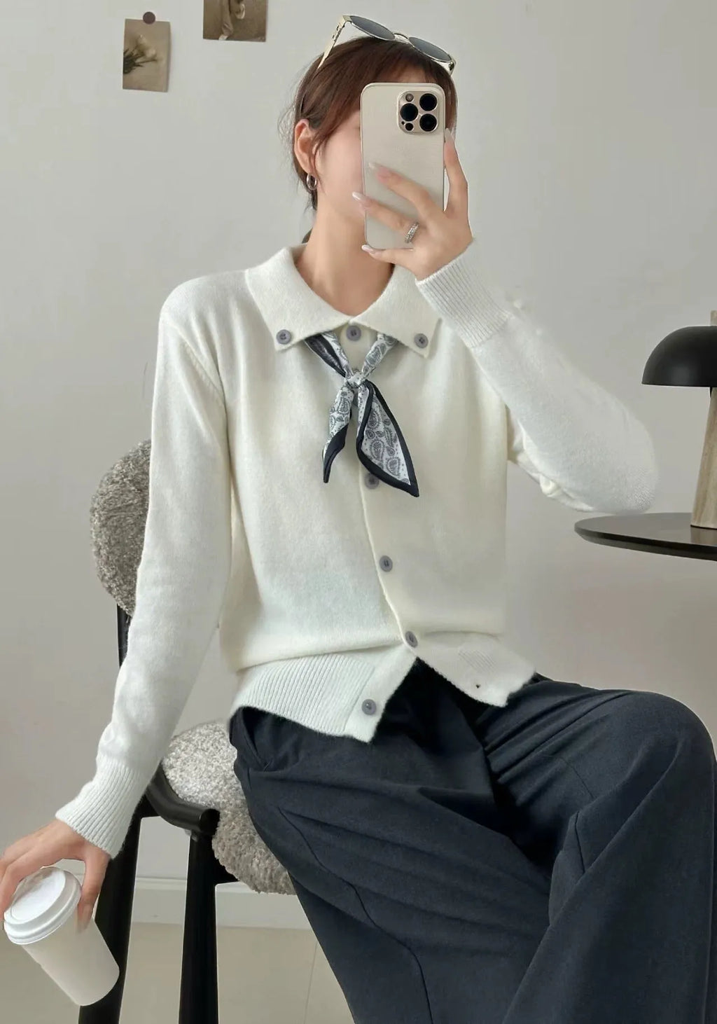 Free size lapel scarf sweater cardigan in acrylic fibre with splicing detail