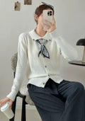 Free size lapel scarf sweater cardigan in acrylic fibre with splicing detail