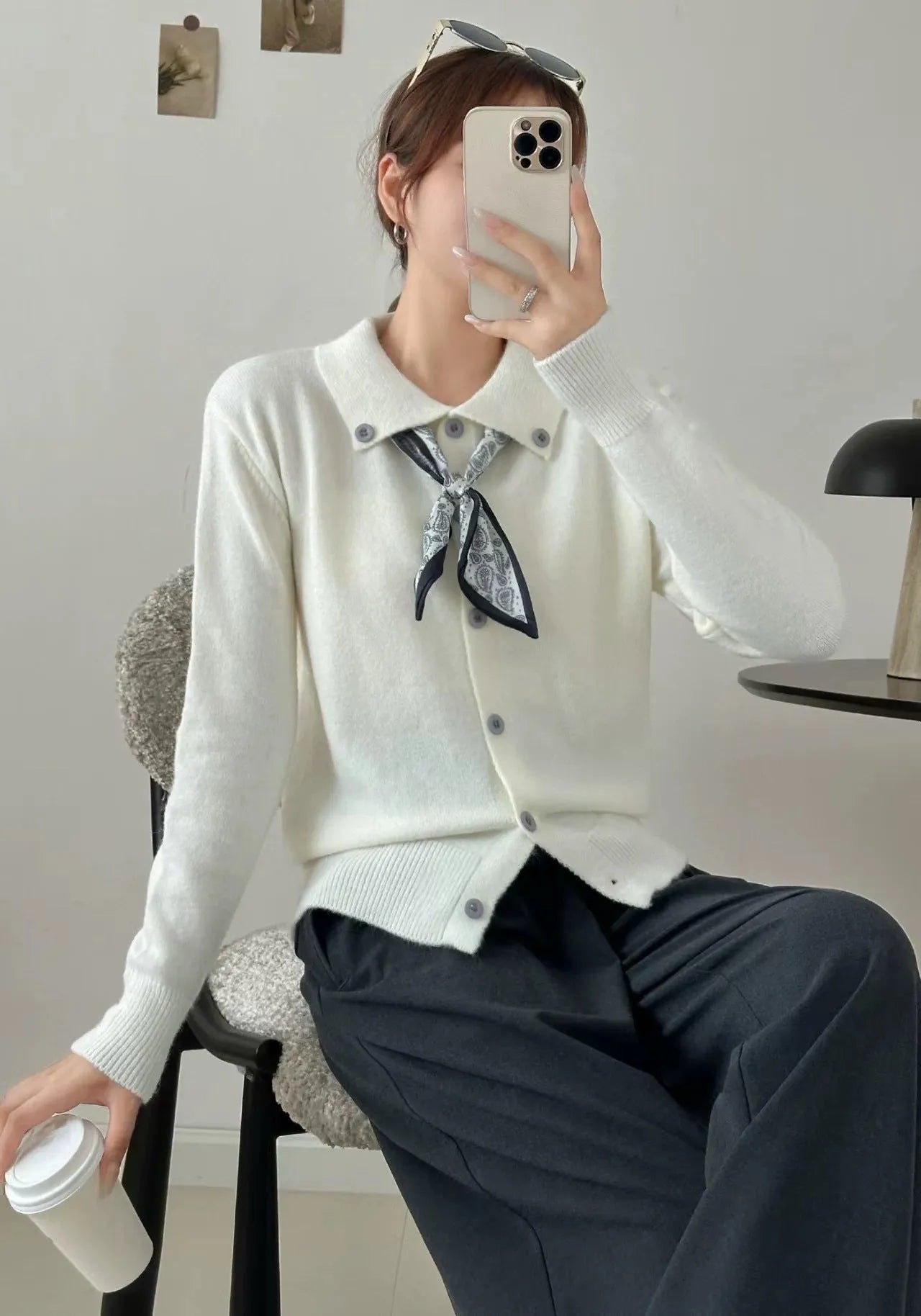 Free size lapel scarf sweater cardigan in acrylic fibre with splicing detail