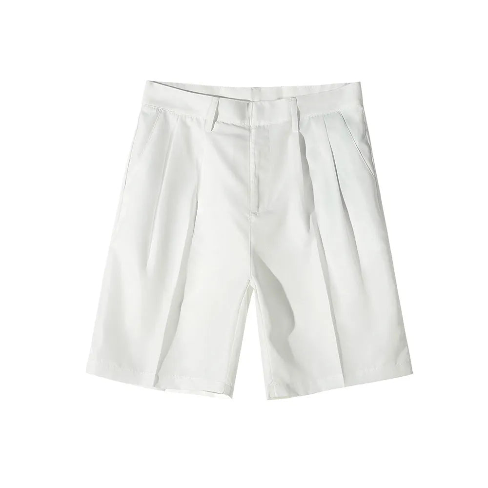 Men's straight leg casual shorts in non-ironing polyester fabric available in black, white, and khaki colours