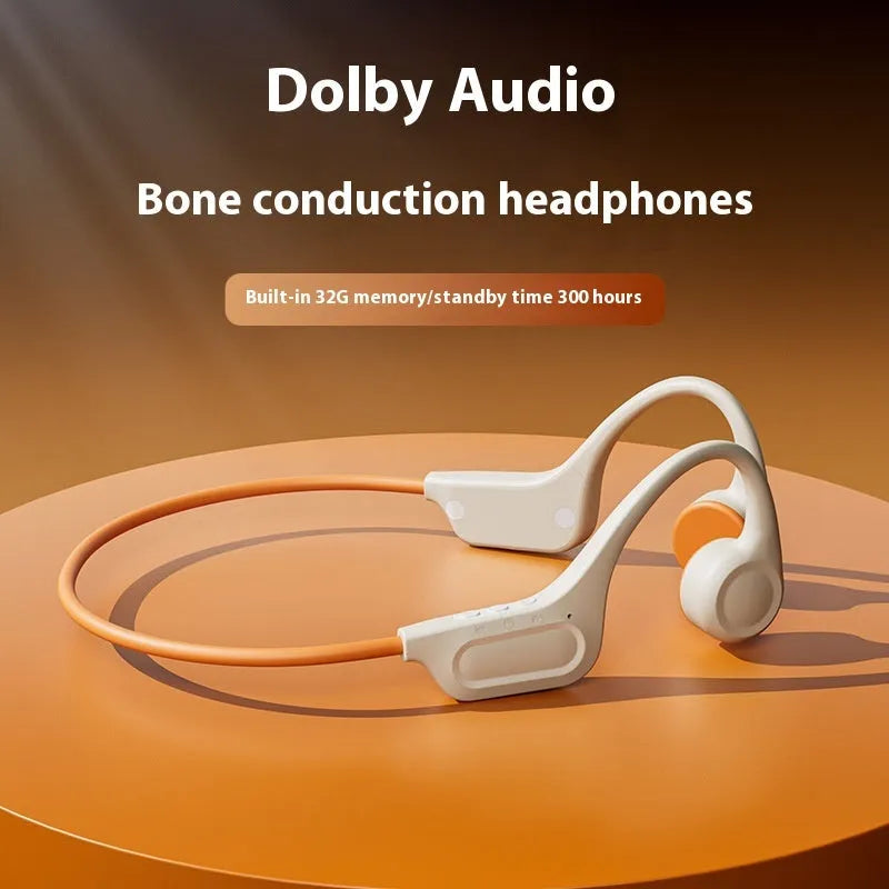 Beige orange bone conduction Bluetooth headset with ear hook design and 32G memory