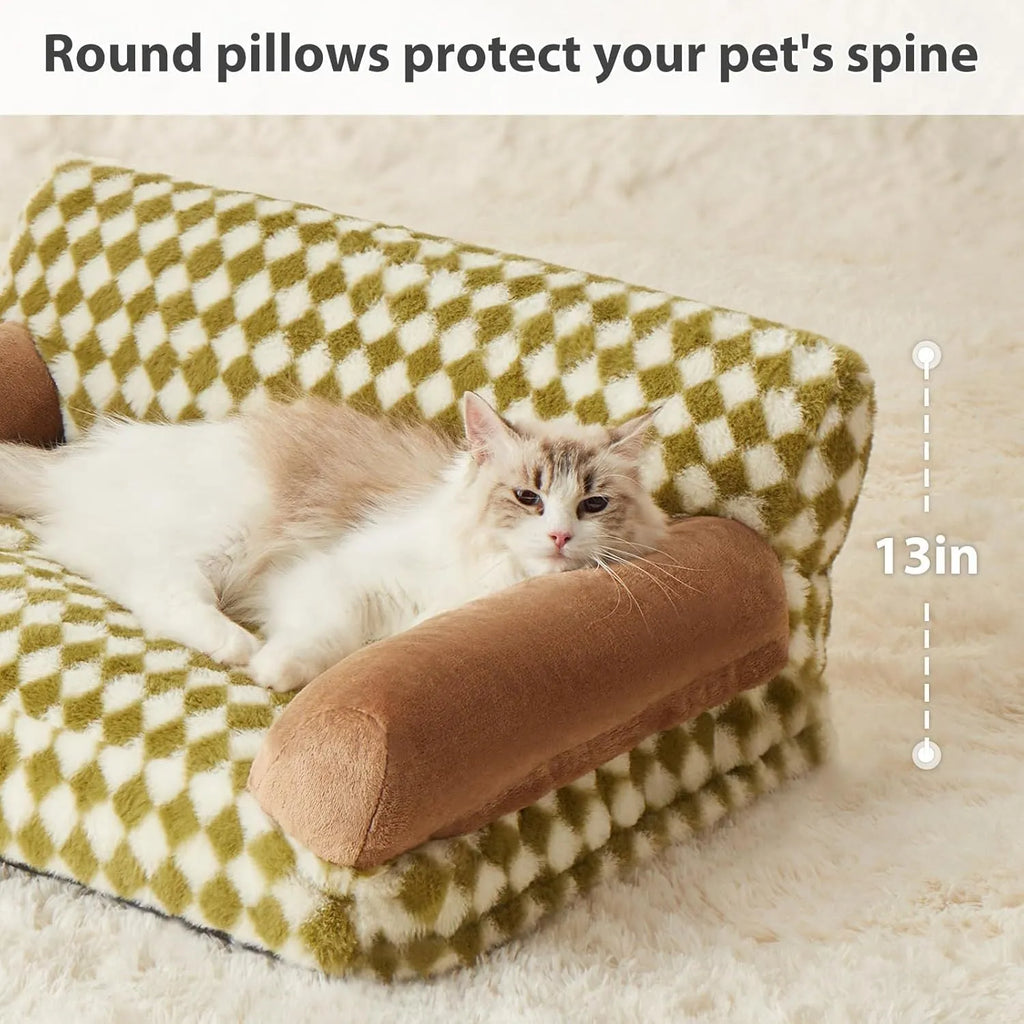 Checkered grey and white pet couch bed for a small dog or cat, showing removable cover and non-slip bottom.