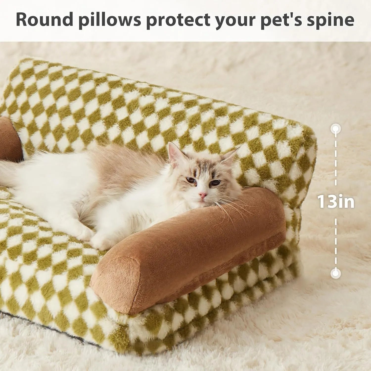 Checkered grey and white pet couch bed for a small dog or cat, showing removable cover and non-slip bottom.