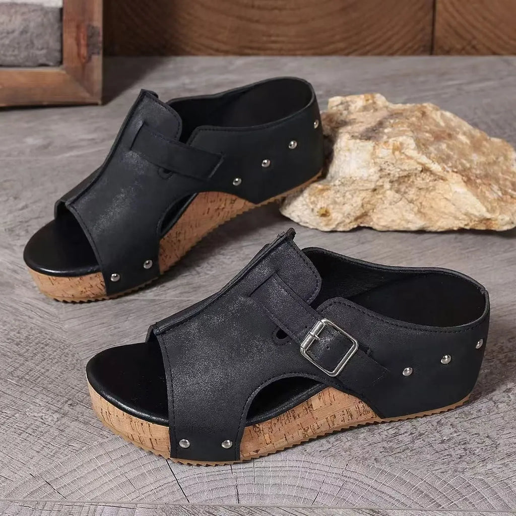 Plus size wedge sandals with rivet detail and fish mouth toe in black PU upper