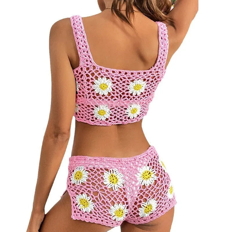 Light green floral bikini swimsuit set with hollow yarn acrylic fabric