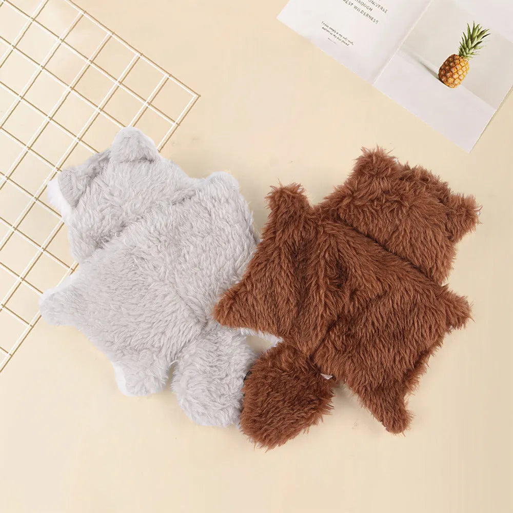 Plush flying squirrel cat teaser toy with ringing paper sound in brown and grey colours