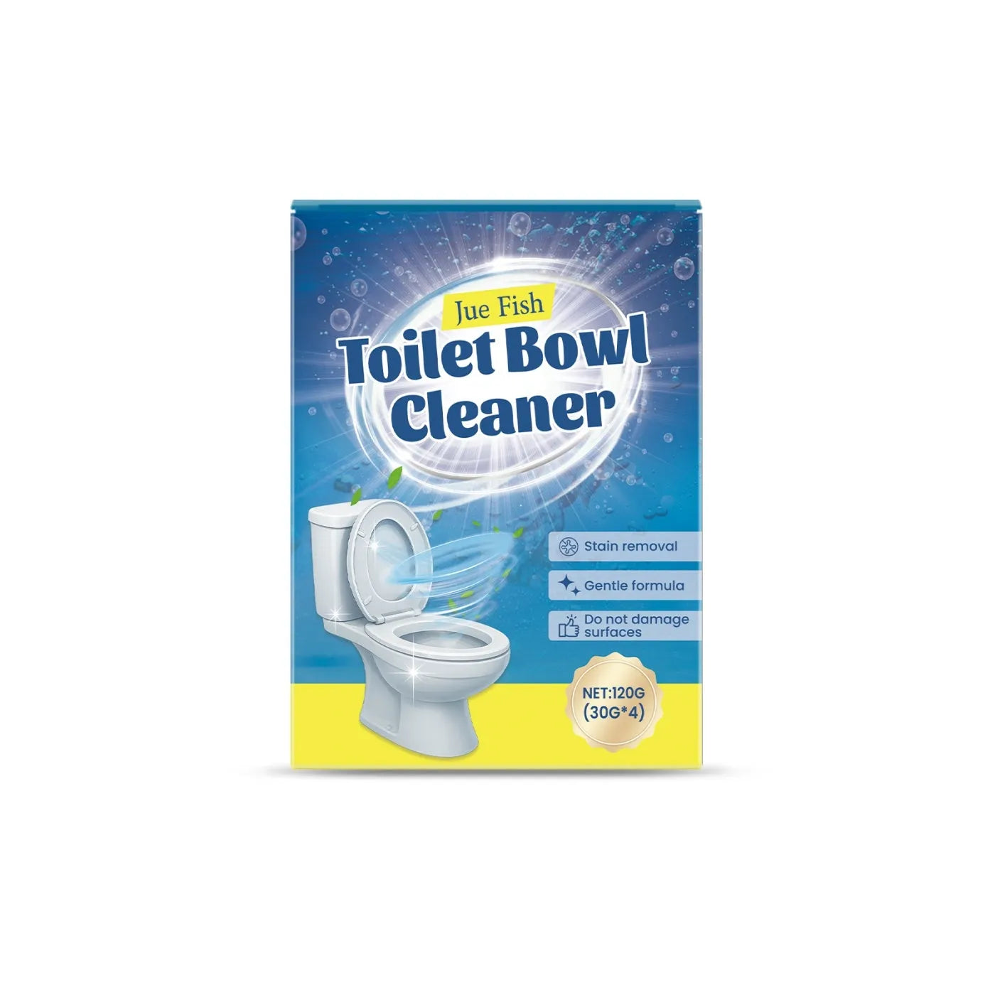 Four sachets of toilet cleaning powder showing 30g portions with sodium bicarbonate and citric acid ingredients