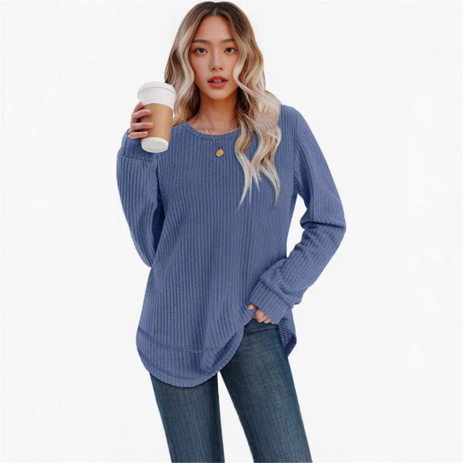Waffle loose round neck high low curved hem pullover top in solid colour with plaid pattern