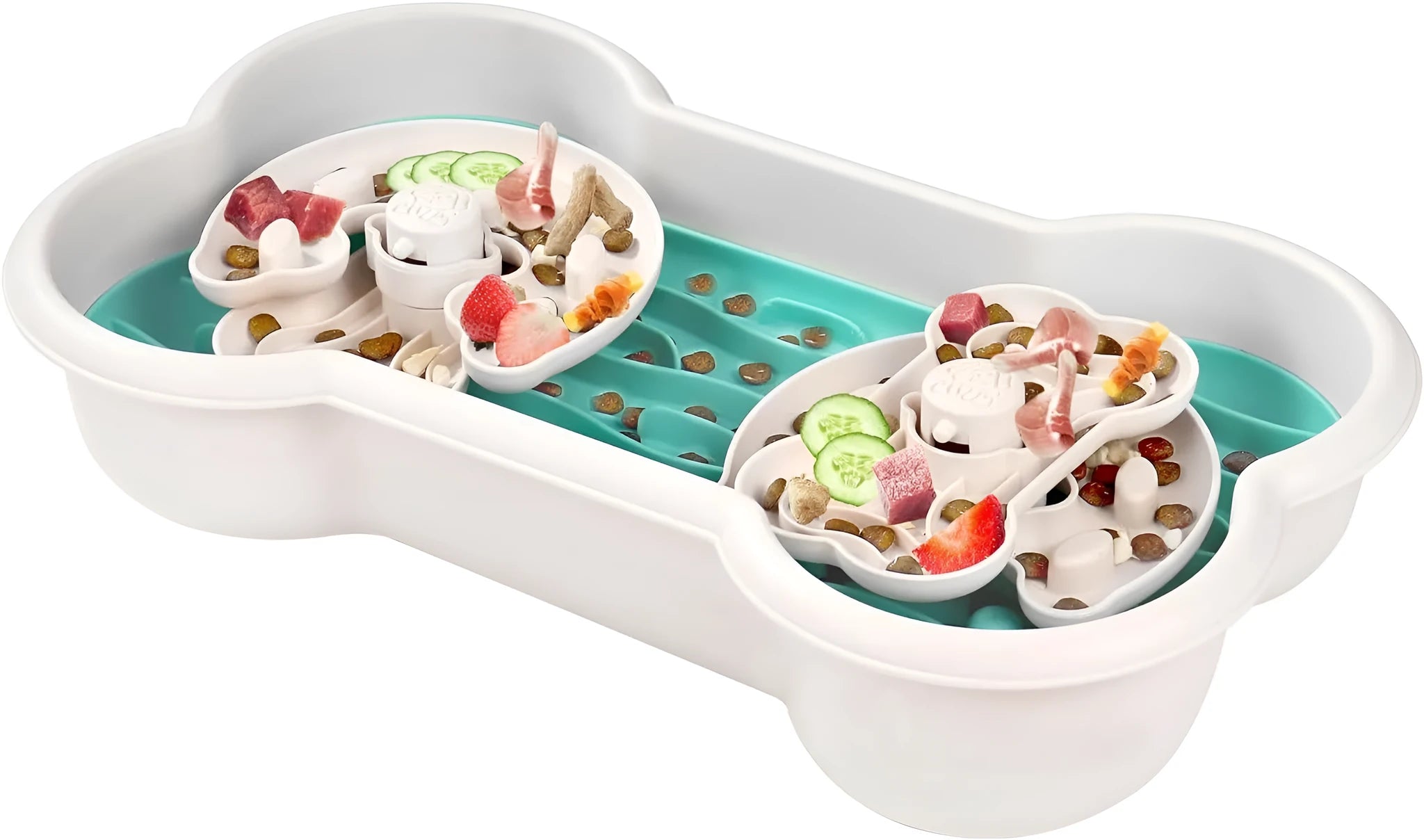 Large green slow feeder dog bowl with three rotating puzzle trays and anti-slip suction cups
