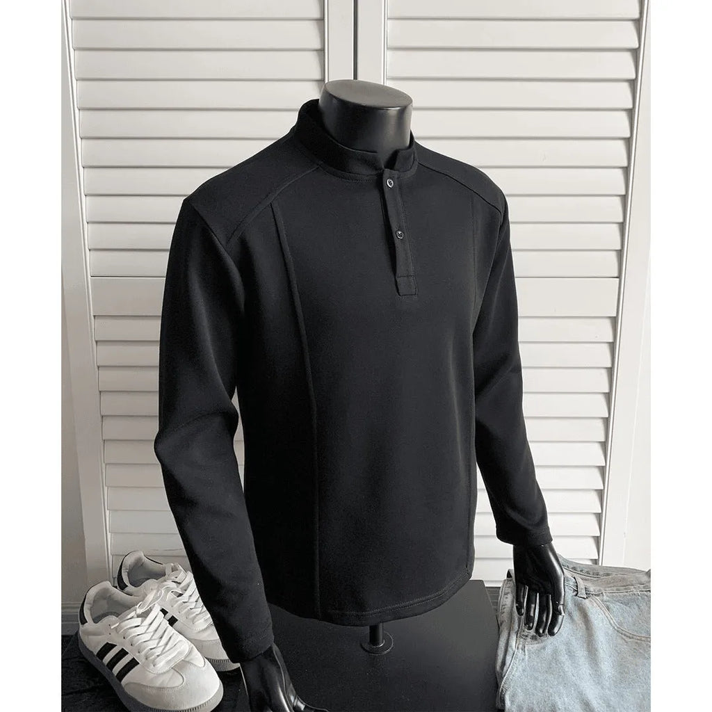 Men's patchwork stand-up collar polo shirt in cotton fabric with asymmetric design