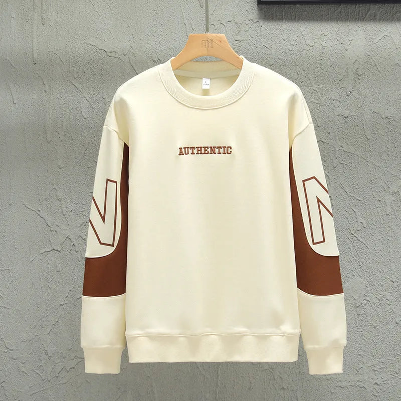 Loose round neck long sleeve t-shirt in beige with letter print, for teenagers spring casual wear