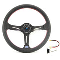 A leather-wrapped 14-inch car steering wheel with a middle concave design, shown with a silver skeleton frame.