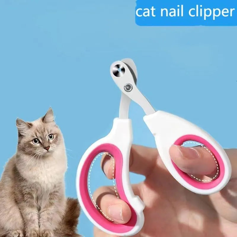Blue cat nail clippers with circular cut hole and cushioned non-slip handle