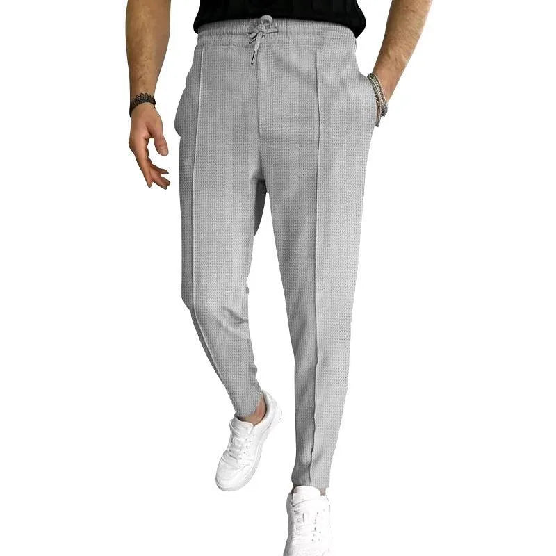 Men's drawstring high-waist straight-leg casual pants in light khaki, polyester waffle fabric, size M-3XL