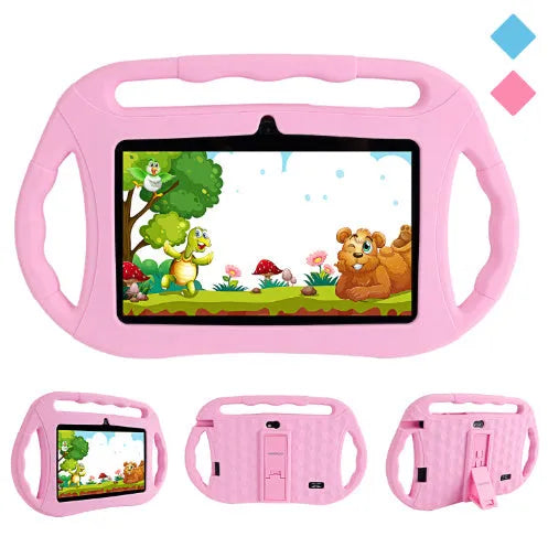 7-inch children's tablet PC in blue with three handles, showing Android 10 home screen