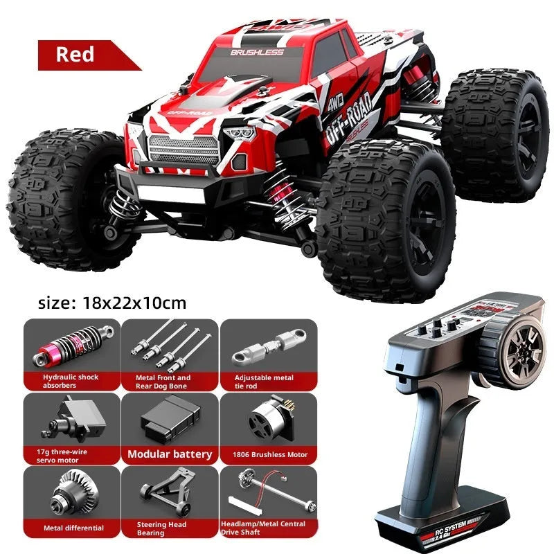 Four-wheel drive brushless remote control car in black with orange wheels on rough ground