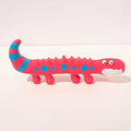 Green cartoon lizard-shaped dog chew toy with squeaker on a white background.