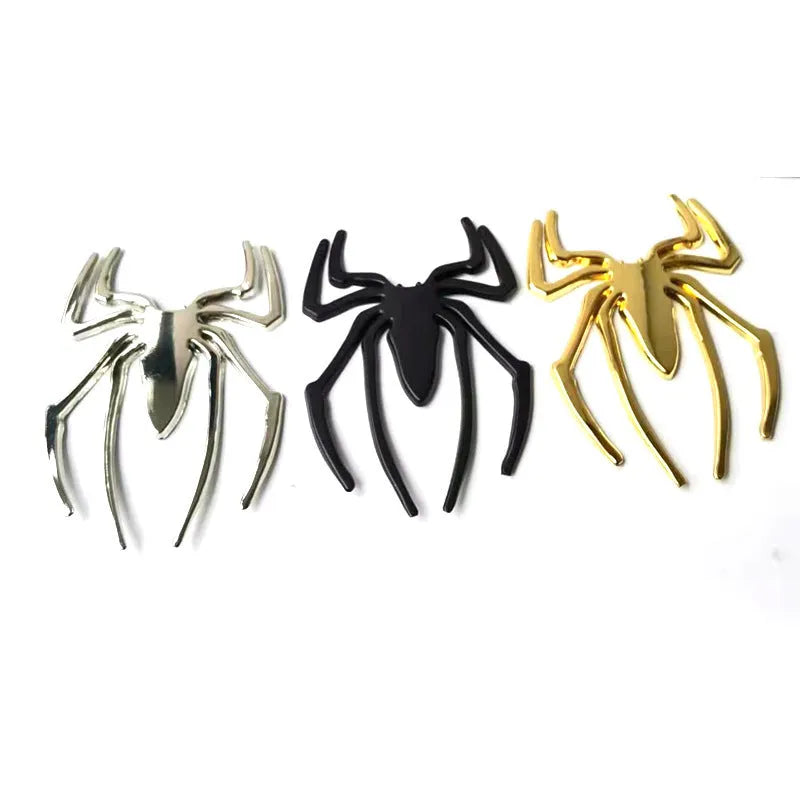 Three-dimensional metal spider car sticker in zinc alloy on a vehicle bumper.