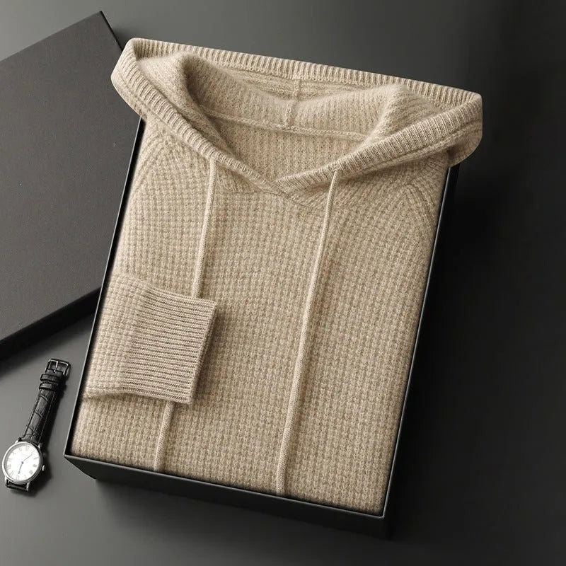 Hooded cashmere sweater in camel, grey-green, or navy blue, loose thickened winter pullover, sizes S to XXXL