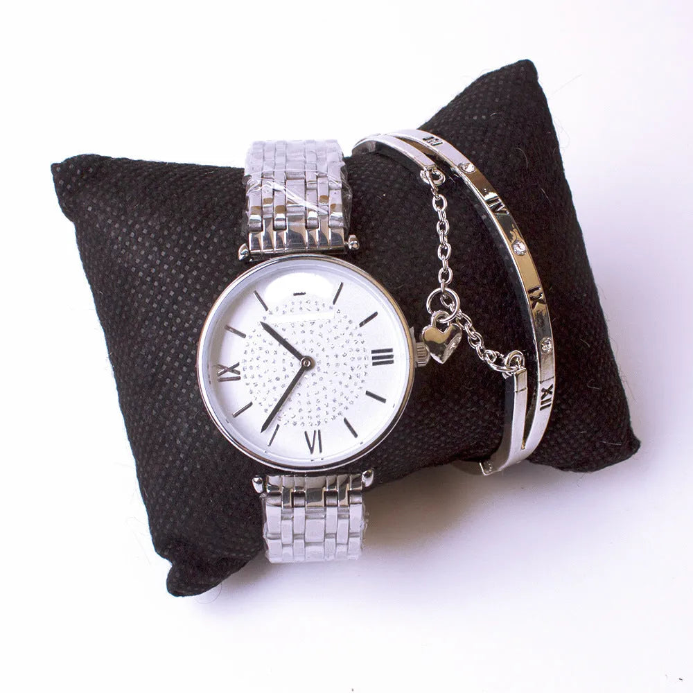 Ladies watch set with gypsophila design two-piece bracelet in silver and rose gold options