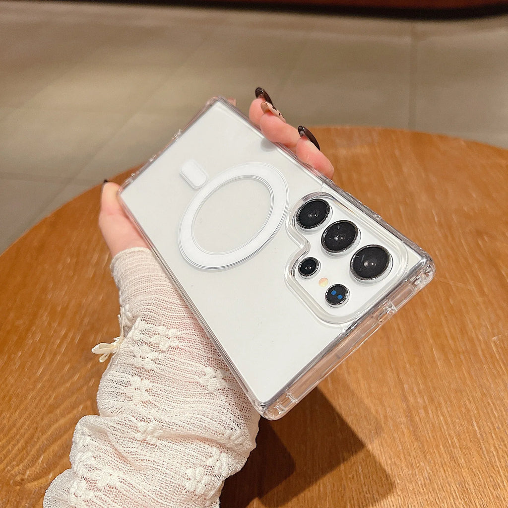 Transparent magnetic silicone phone case for Samsung Galaxy smartphones showing clear design with device inside