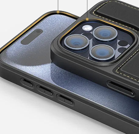 Black multi-functional iPhone 15 phone case with bracket, magnetic suction and anti-fall protection, TPU PU stainless steel magnet