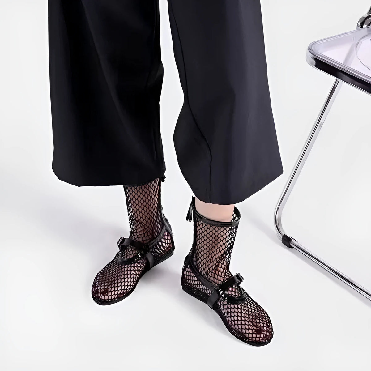 Black high top ballet shoes with metal buckle and back zipper, PU upper and rubber sole