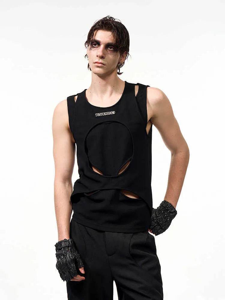 Men's loose sleeveless waistcoat in black, showing round neck and pullover design.
