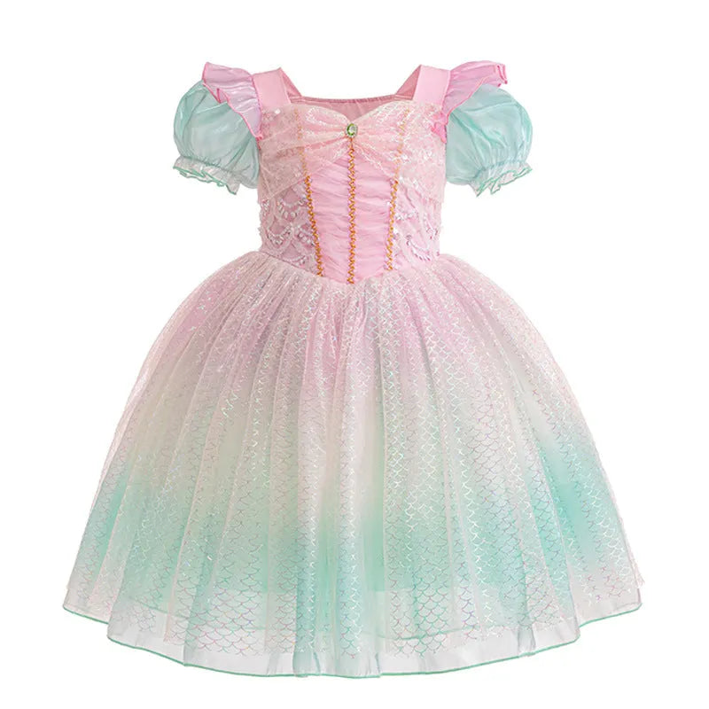 Little girl wearing a puff sleeve mermaid princess dress in cotton fabric, solid colour style, suitable for party or wedding