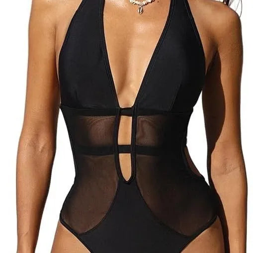 Black women's V-neck one-piece swimsuit with mesh hanging neck detail for swimming sports