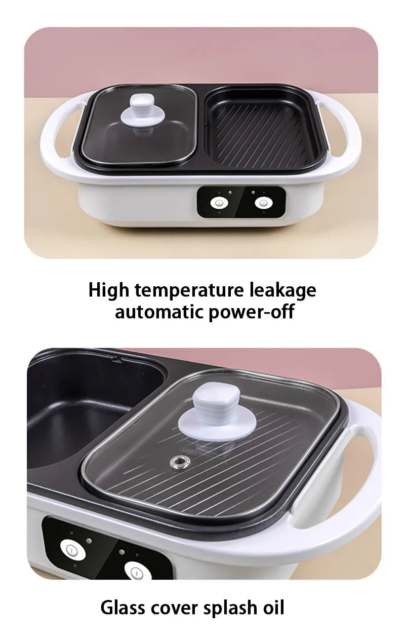 White and green household electric hot pot with dual-use caldron and frying oven function