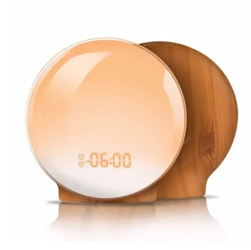 Sunrise alarm clock with wood grain finish, compact size 16x16x6cm, voice control, and night light
