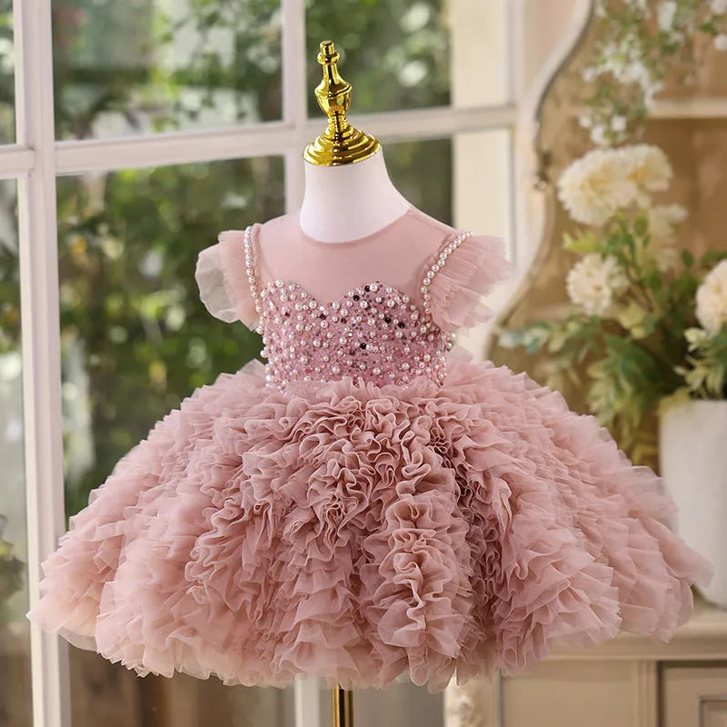 Children's princess pettiskirt in bean pink with tiered tulle layers polyester fabric