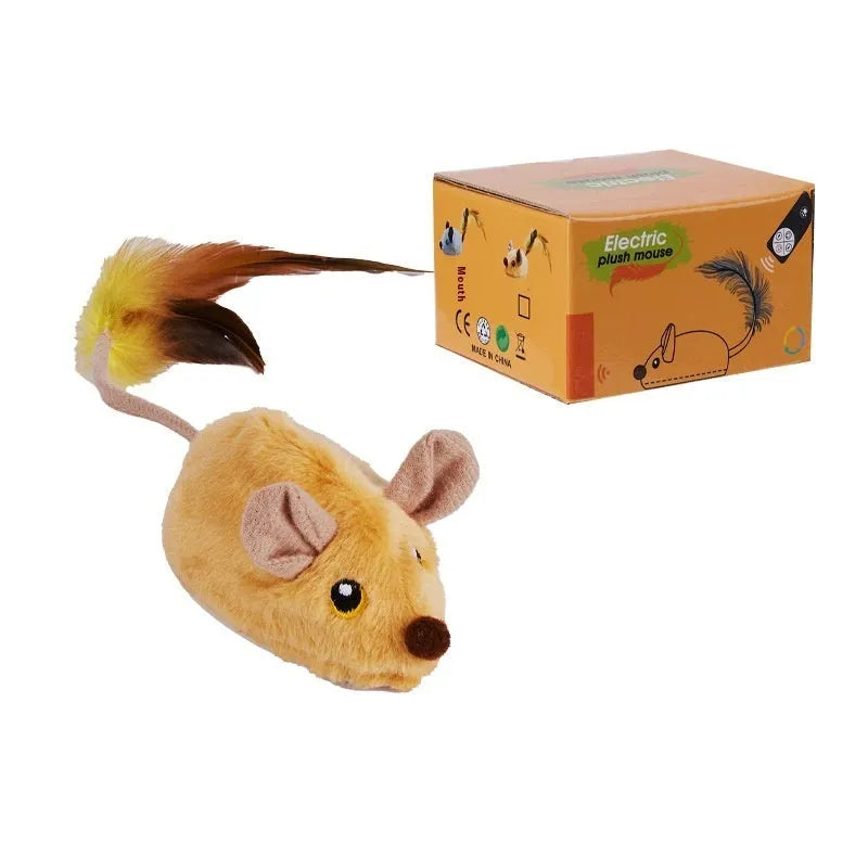 Grey and yellow plush mouse cat toys with remote control unit and charging cable