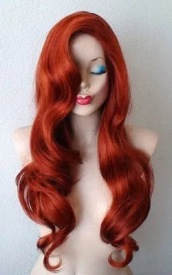Women's copper red anime long curly wig with 26 inch length on a mannequin head