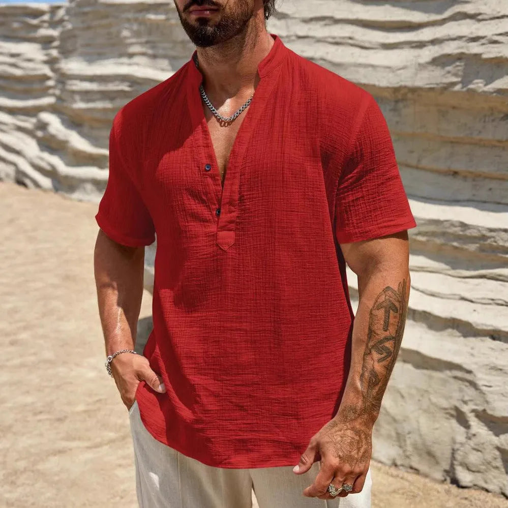 Men's solid colour short-sleeve shirt with a stand collar in a lightweight fabric.